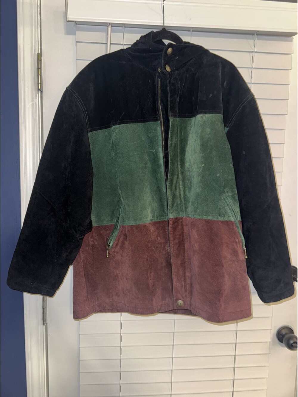 Vintage Outbrook Leather Hooded Coat Jacket Color Block Retro Hip Hop Women's 1X